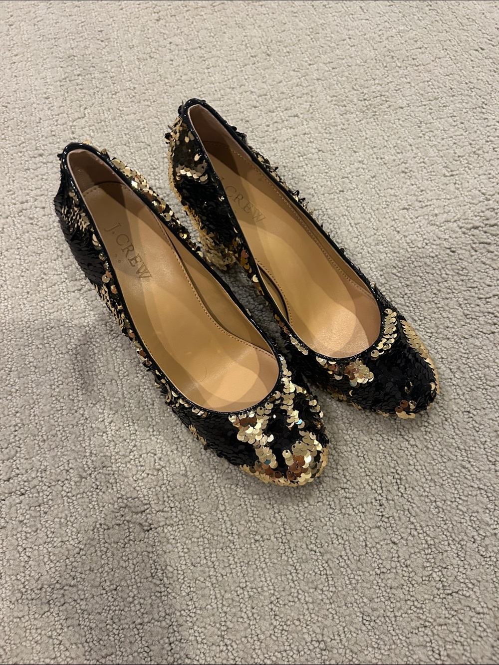 J. Crew Black and Gold Sequin Round Toe Pumps